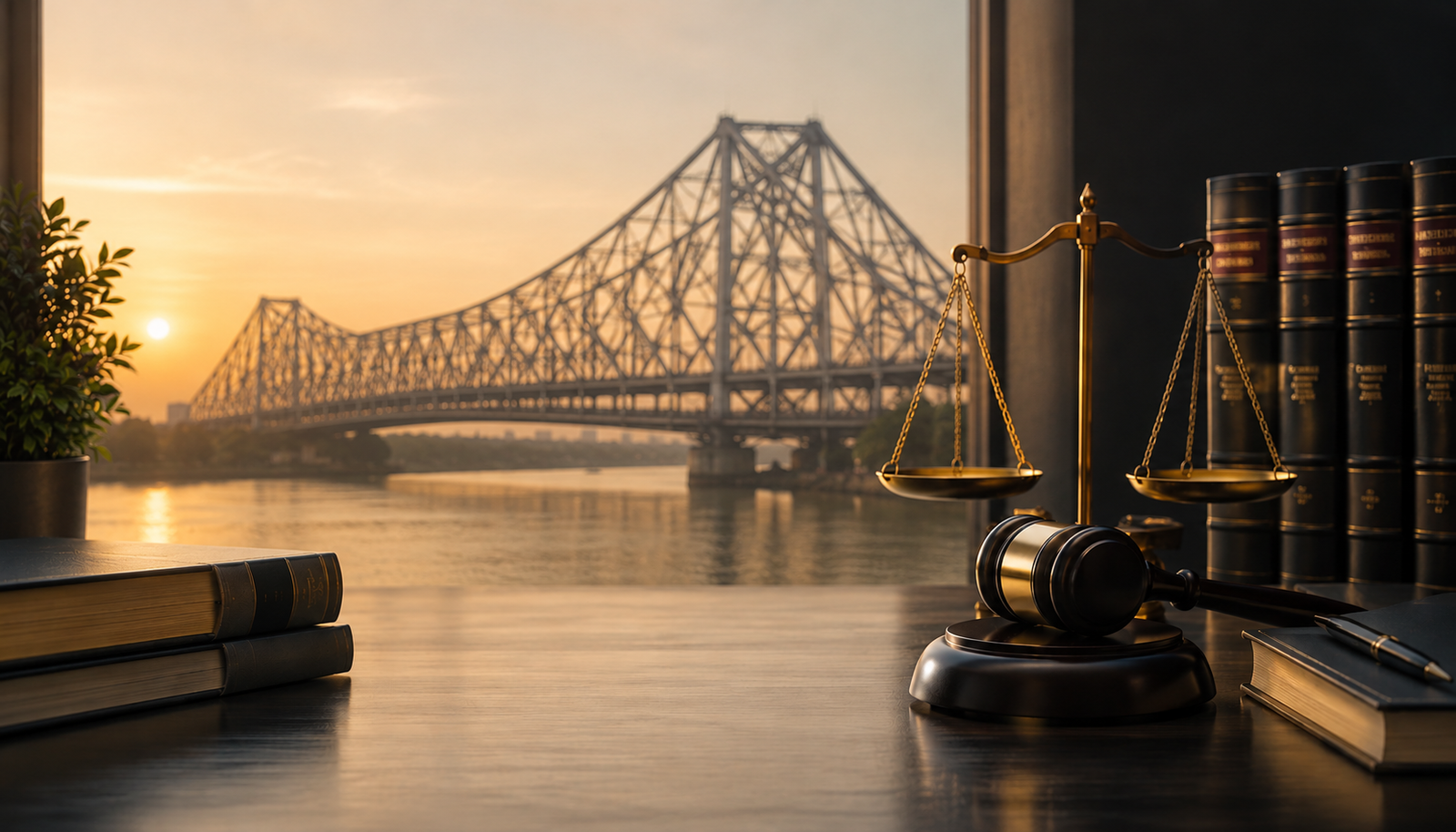 View of Kolkata's Howrah Bridge from a legal chambers desk, with scales of justice, gavel and law books